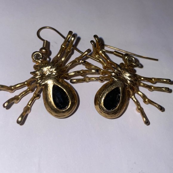 VTG Gold Diamond Spider Black Opal Drop Earrings - Picture 3 of 3